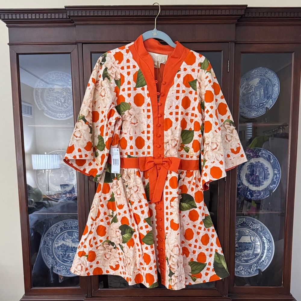 Orange Floral Lace Overlay Belted Dress Jacket